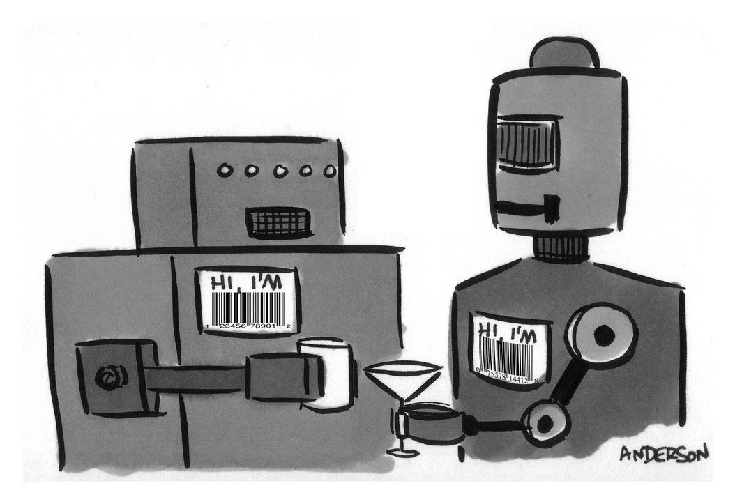two robots at cocktail party have nametags showing bar codes instead of names