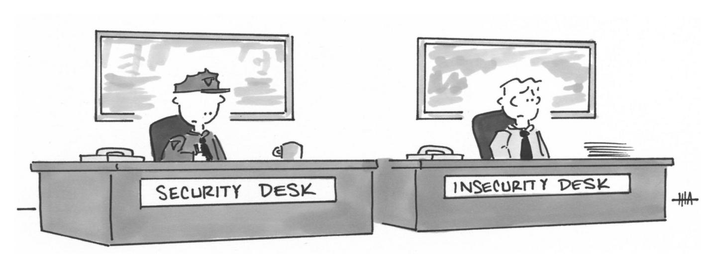 Two desks - one reads 'Security Desk', other reads 'Insecurity Desk.'