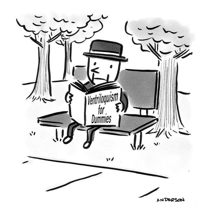 ventriloquist dummy reading book entitled ventriloquism for dummies