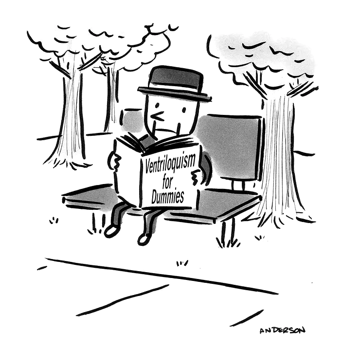 ventriloquist dummy reading book entitled ventriloquism for dummies