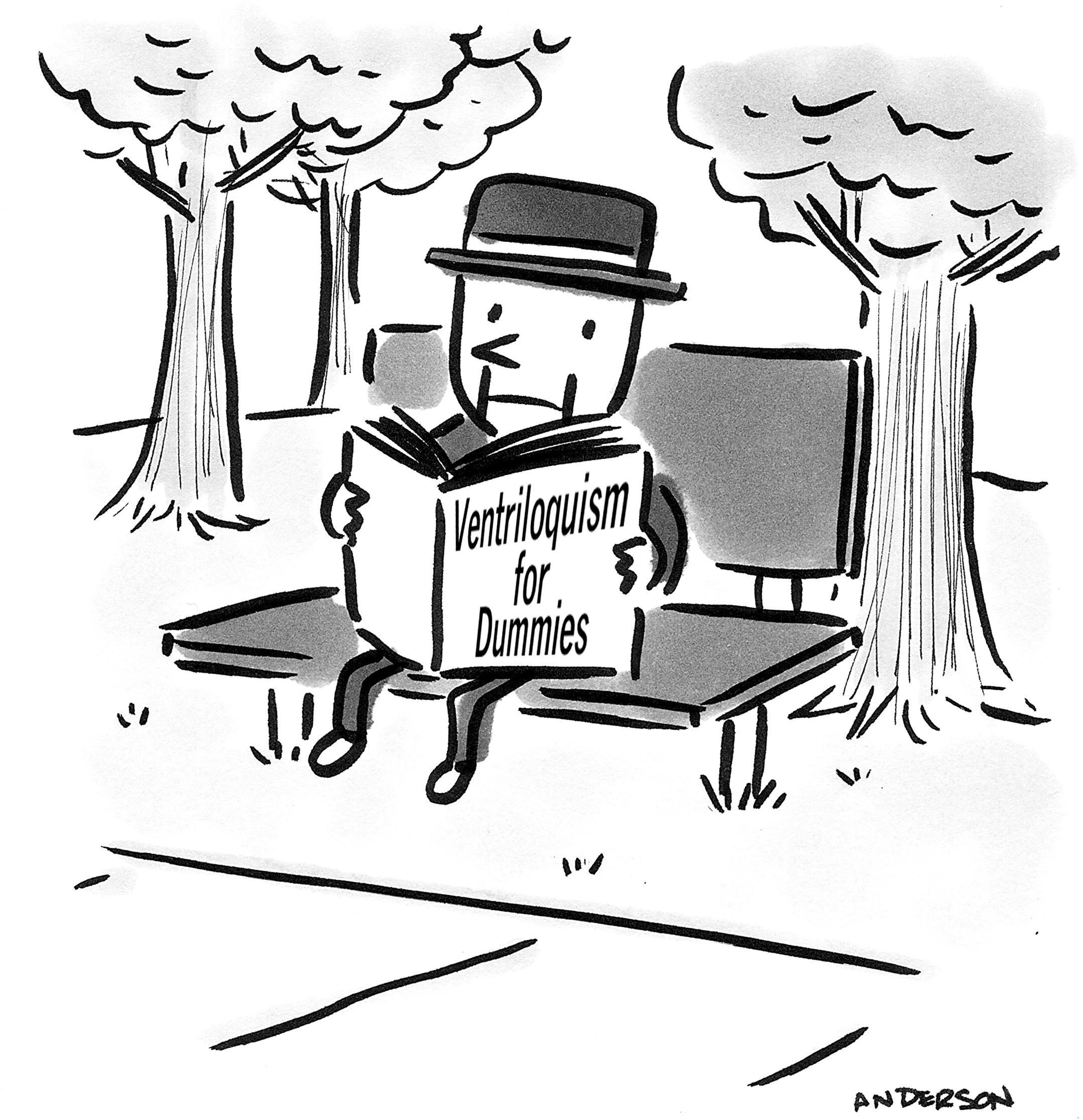 ventriloquist dummy reading book entitled ventriloquism for dummies