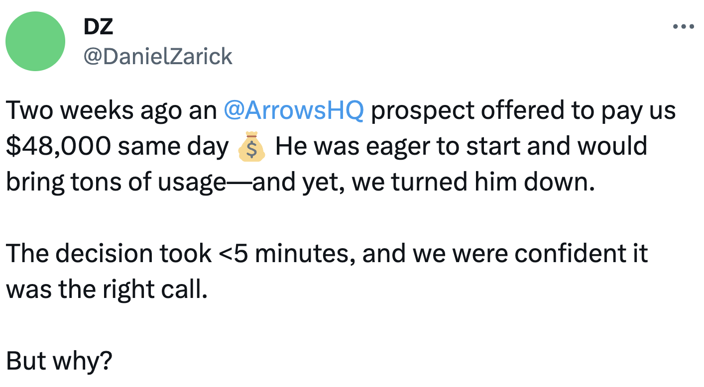 Daniel Zarick explaining on Twitter that he rejected a sale for $48,000 because it wasn't their ICP