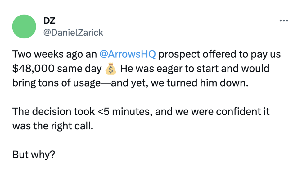 Daniel Zarick explaining on Twitter that he rejected a sale for $48,000 because it wasn't their ICP