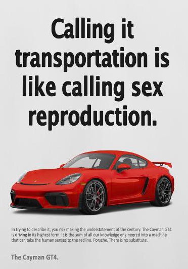 Porsche's message is… differentiated from Subaru's.