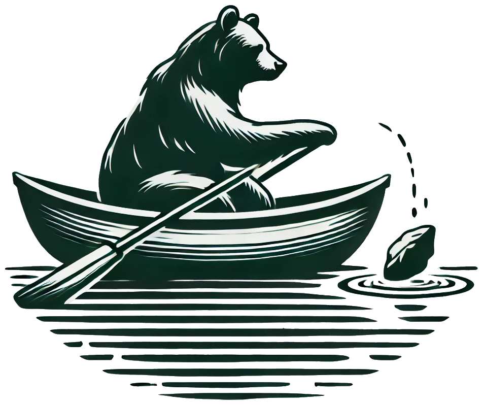 bear in boat throwing a rock