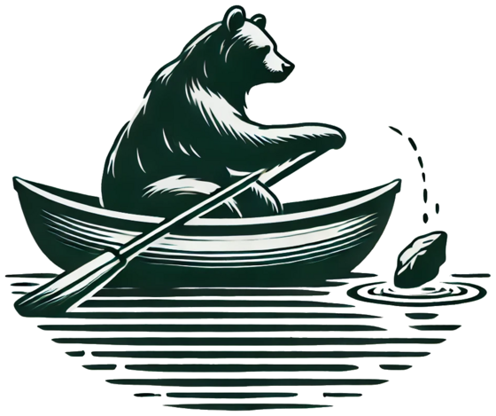 bear in boat throwing a rock