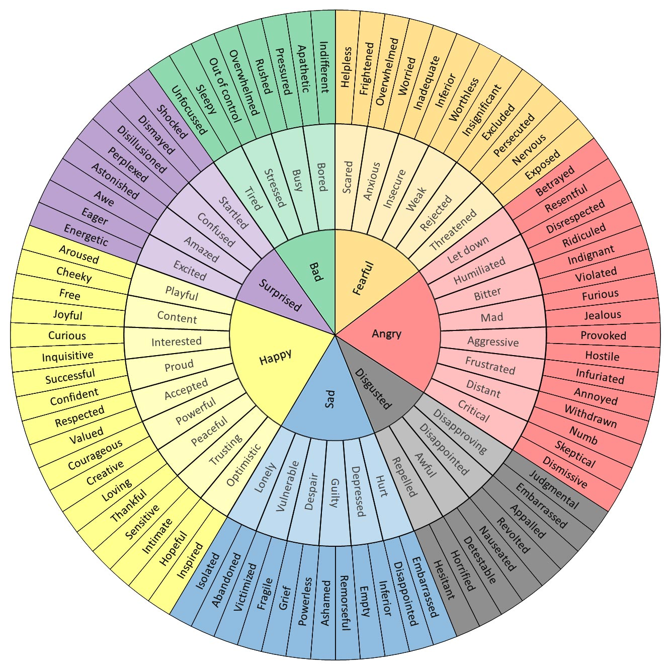 Dr. Robert Plutchik's "Feelings Wheel"
Plutchik, Robert. "A General Psychoevolutionary Theory of Emotion." Theories of Emotion, edited by Robert Plutchik and Henry Kellerman, Academic Press, 1980, pp. 3--33.