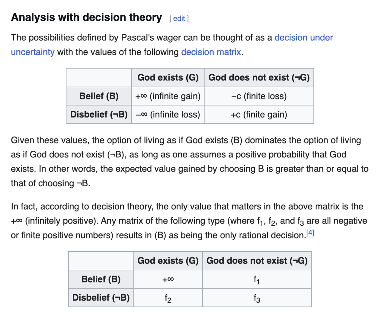 wikipedia 2x2 for Pascal's wager