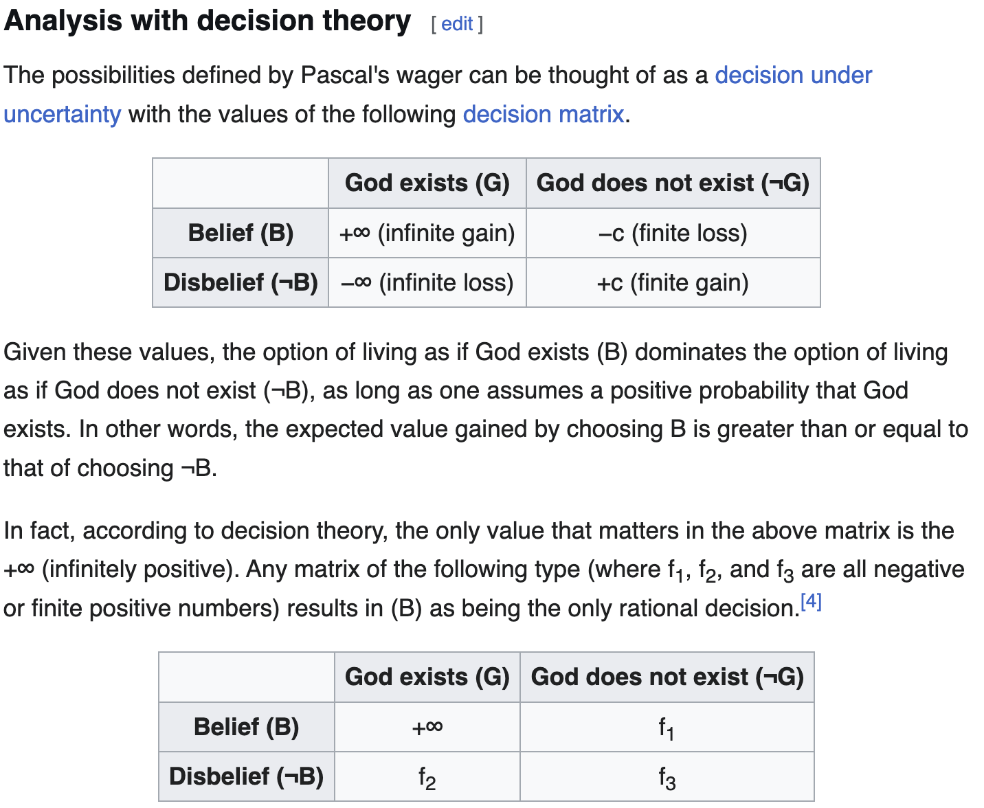 wikipedia 2x2 for Pascal's wager