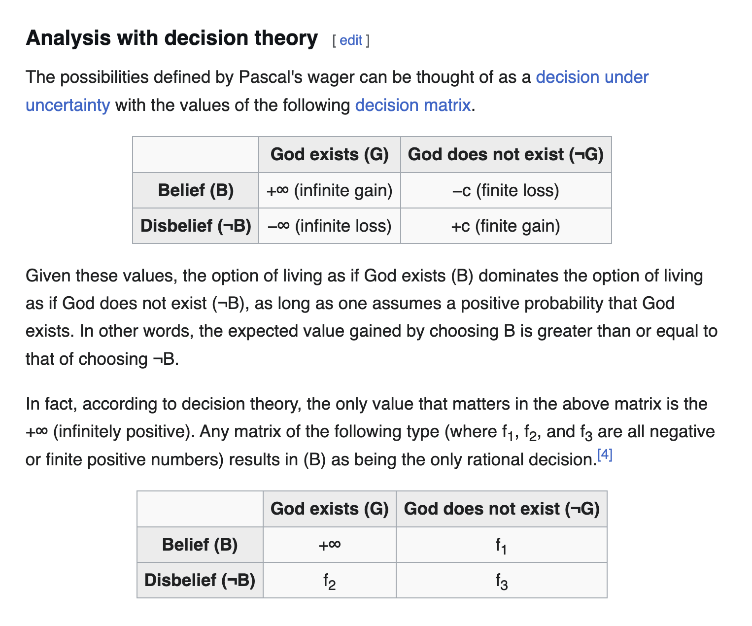 wikipedia 2x2 for Pascal's wager