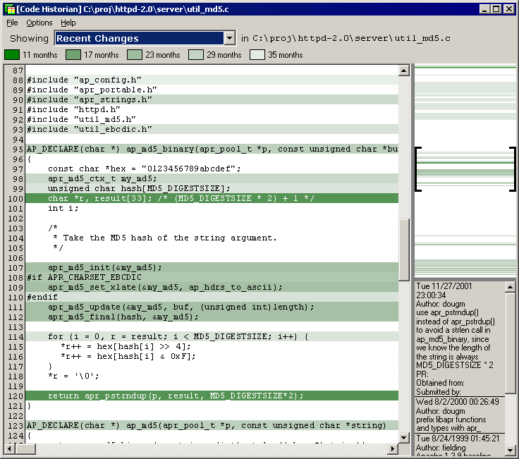 Screenshot of viewing how old each line of code is, in Code Historian