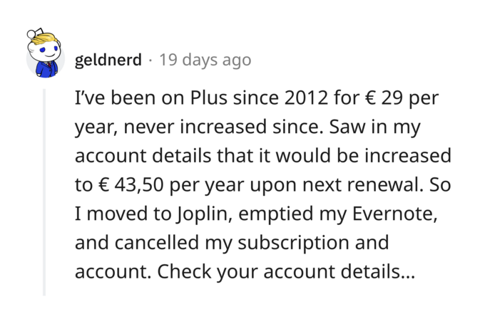 Comment on Reddit on leaving Evernote over a €14/year price increase