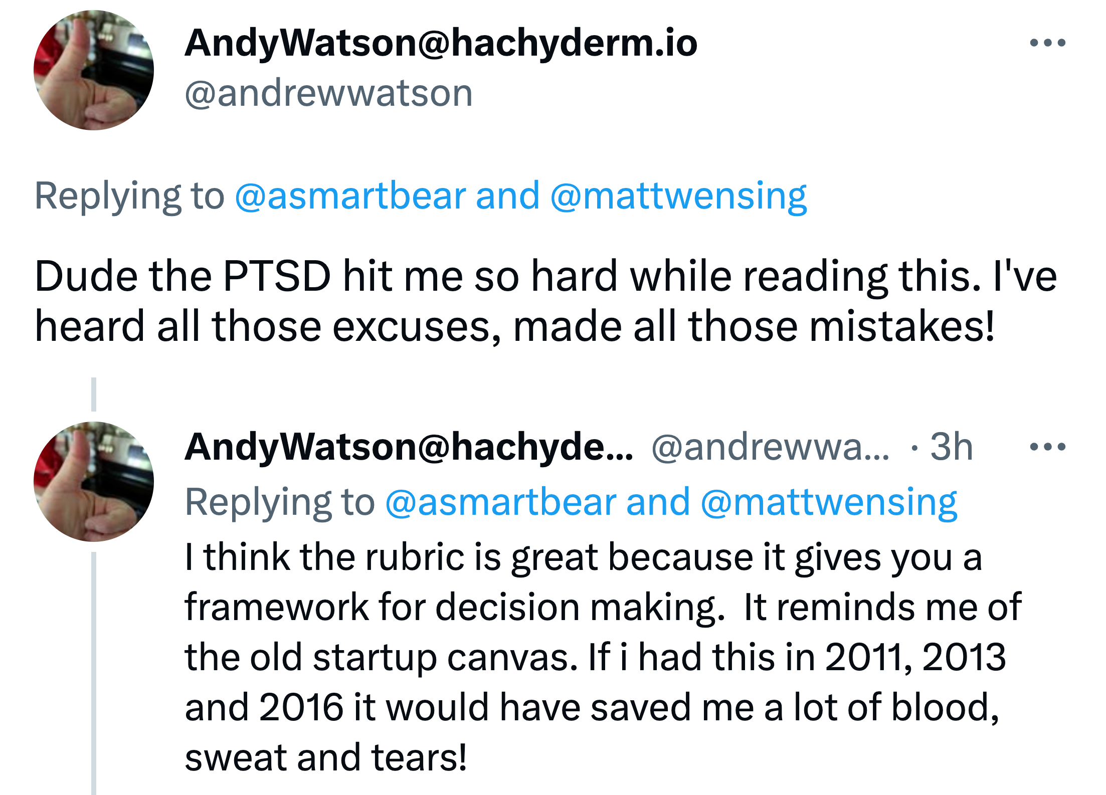 Tweet: Dude the PTSD hit me so hard while reading this. I've heard all those excuses and make all those mistakes!