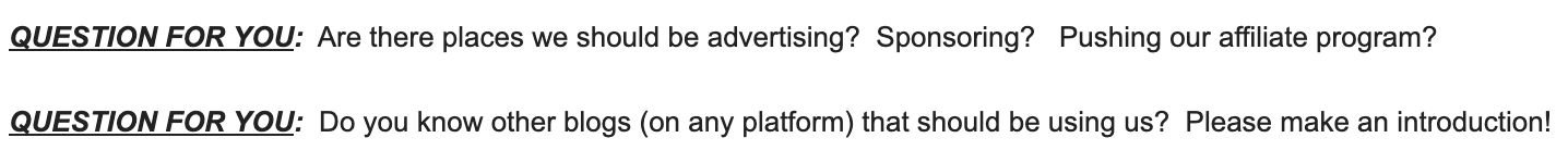 From an "advisory group" email update from 2010; my asks were for marketing and sales, not product and engineering.