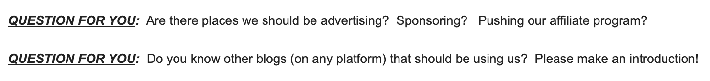 From an "advisory group" email update from 2010; my asks were for marketing and sales, not product and engineering.