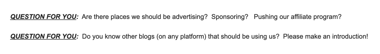 From an "advisory group" email update from 2010; my asks were for marketing and sales, not product and engineering.