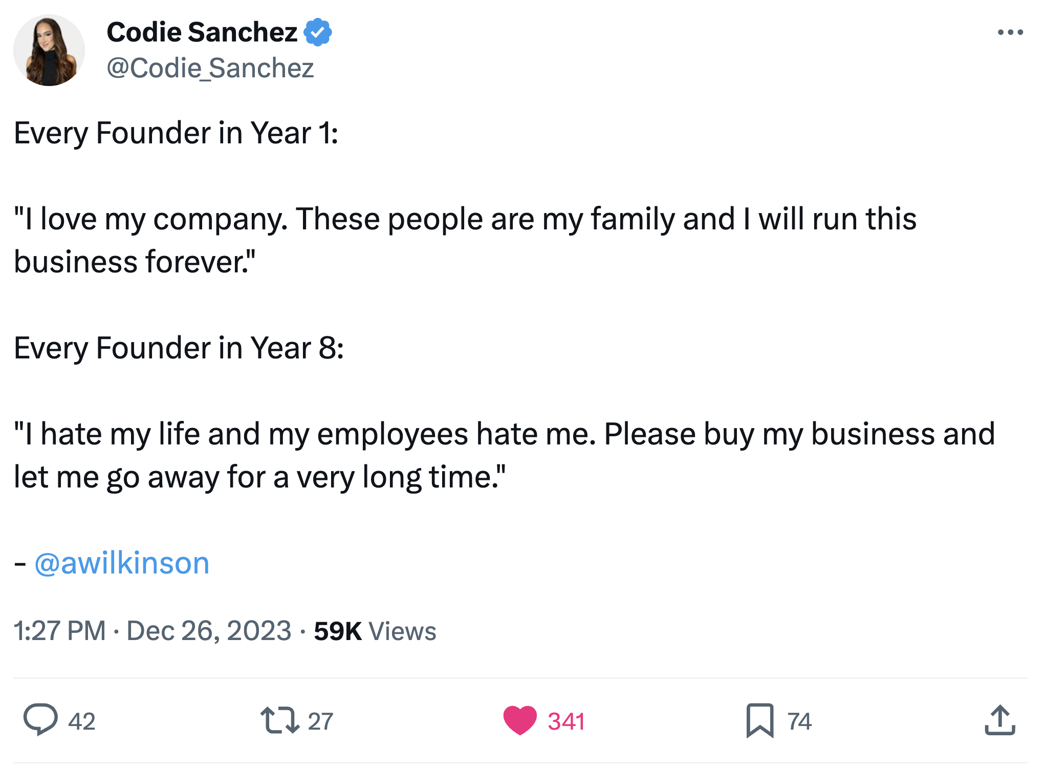 tweet about how hard companies can be in the later years