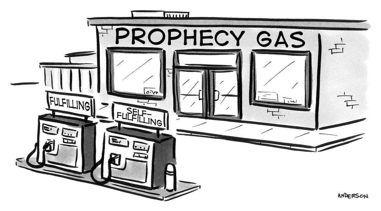 gas pumps in front of prophecy gas read fulfilling and self fulfilling