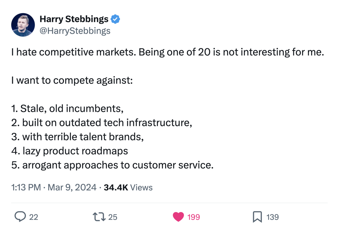 tweet about how to compete against stale incumbents