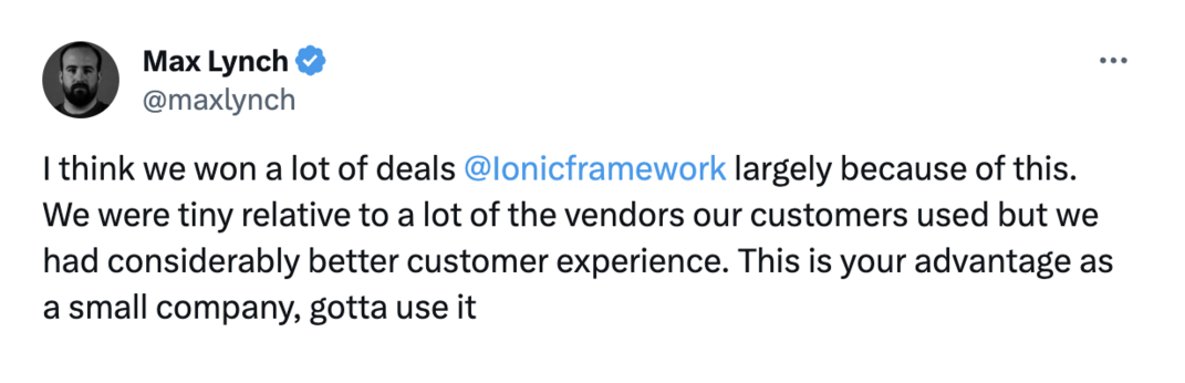 Tweet of a founder confirming this advantage