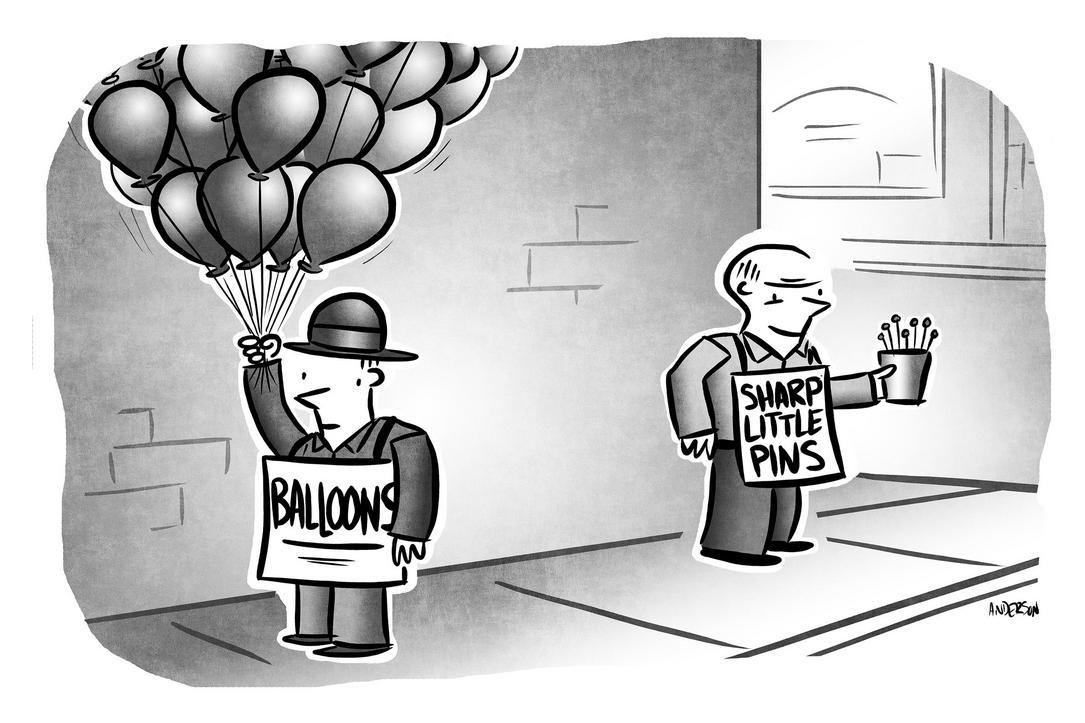 vendors one sells balloons the other sharp little pins